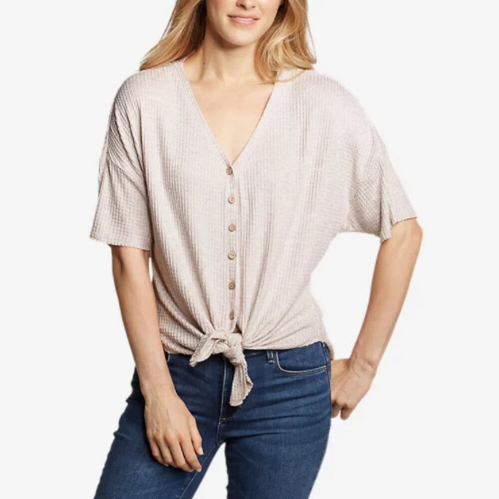 Eddie Bauer Waffle Knit Thermal Tie Front Button Up T-Shirt Tan Gorpcore Size S